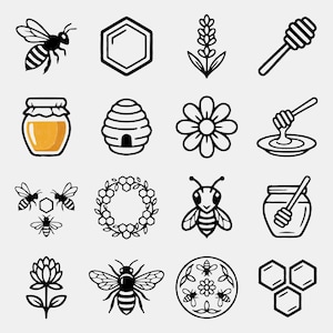 Op de afbeelding: Een verzameling van zestien zwart-witte iconen met bijen, honingraten, bloemen, een bijenkorf, een honingdruppelaar en een pot honing. De iconen zijn gerangschikt in een vier-bij-vier raster en tonen diverse symbolen met een imkerij-thema.