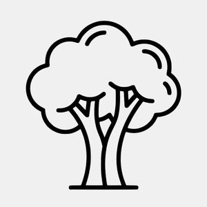 May include: A black and white line art illustration of a deciduous tree. The graphic features a thick, rounded canopy with scalloped edges and a trunk that splits into three distinct branches at the base, all rendered in a bold, minimalist style.