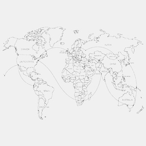 May include: A black and white line art world map featuring outlined continents and country borders. Dotted curved lines connect various geographic points across the globe, indicating travel routes or connections between regions like North America, Europe, and Asia.