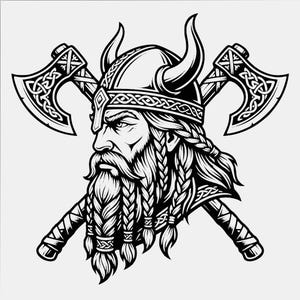 May include: A black and white graphic illustration of a Viking warrior wearing a horned helmet with intricate knotwork patterns. The warrior has a long braided beard and hair, positioned in front of two crossed battle axes with detailed engravings.
