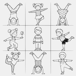 Puede incluir: Una ilustración de arte lineal en blanco y negro con nueve paneles distintos, cada uno representando a un niño en una pose diferente, incluyendo paradas de manos, equilibrio sobre una pierna y de pie, en un estilo de dibujo animado simple.