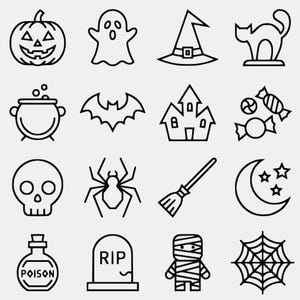 Op de afbeelding: Een verzameling van zestien zwart-wit lijntekeningen met Halloween-thema's, waaronder een pompoen, geest, heksenhoed, kat, ketel, vleermuis, spookhuis, snoepjes, schedel, spin, bezem, maan, sterren, gifvles, grafsteen, mummie en een spinnenweb.