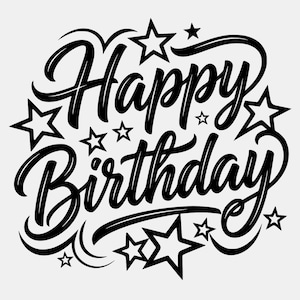 May include: A black graphic design on a light background featuring the words Happy Birthday in a bold, flowing script font. The text is surrounded by various sizes of five-pointed stars and decorative curved lines that frame the lettering.