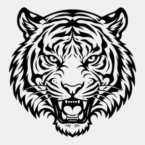 May include: A high-contrast black and white graphic illustration of a tiger head facing forward. The design features bold, sharp lines defining the tiger's facial stripes, pointed ears, intense eyes, and an open mouth revealing sharp teeth.