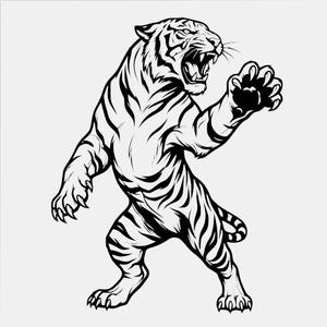 May include: A black and white graphic illustration of a tiger standing on its hind legs in a defensive posture. The tiger has its mouth open, showing teeth, and one front paw is raised with claws extended, while the other paw is lowered.