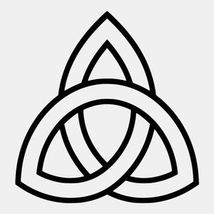 May include: A black and white graphic illustration of a triquetra symbol. The design features three interconnected, pointed oval shapes that form a continuous, interlaced knot pattern with thick black outlines against a plain white background.