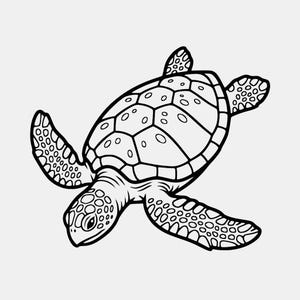 以下が含まれることがあります： 泳いでいるウミガメの白黒の線画イラスト。六角形の甲羅の模様と、斑点模様のあるヒレが詳細に描かれています。ウミガメは上からの視点で、はっきりとした輪郭線で表現されています。