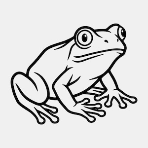 May include: A black and white line art illustration of a frog in a seated position. The frog features large, prominent eyes, a smooth back, and detailed webbed feet with rounded toes, rendered with bold, clean outlines on a plain background.