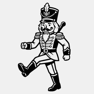 May include: A black and white graphic illustration of a nutcracker soldier in a marching pose. The figure wears a tall hat with a feather, a uniform with epaulets, a belt, and tall boots. The design features bold lines and high contrast.