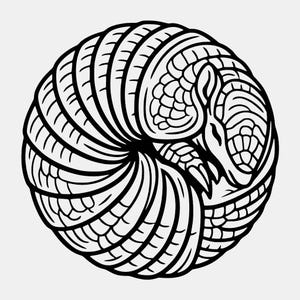 May include: A black and white graphic illustration of an armadillo curled into a tight, protective sphere. The design features bold, clean lines that define the segmented, armored plates of the animal's shell and its tucked-in head and claws.