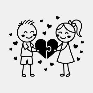 May include: A black and white line art illustration featuring two stick figures, one with short hair and one with a ponytail, holding two halves of a heart puzzle piece together, surrounded by several small floating heart shapes.