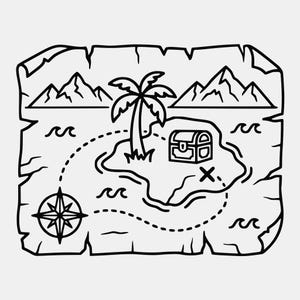 Può includere: Un'illustrazione in bianco e nero a linee di una mappa del tesoro rettangolare con bordi strappati. La mappa presenta una rosa dei venti, un percorso tratteggiato, un'isola con una palma, uno scrigno, montagne e onde nell'acqua circostante.