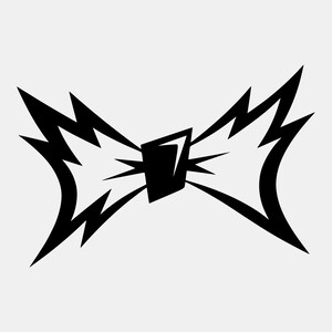 May include: A black and white graphic illustration of a bow tie. The design features sharp, jagged, lightning-bolt-like edges on both sides of the bow, with a solid black rectangular center piece connecting the two symmetrical wing-like shapes.