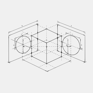 May include: A technical line drawing showing an isometric projection of a cube centered between two vertical planes. Each plane features a circular cutout. The diagram includes various dimension lines, extension lines, and numerical labels.