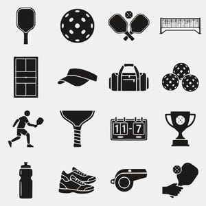 May include: A collection of sixteen black icons on a light gray background representing pickleball equipment and gameplay, including paddles, perforated balls, a net, a court, a visor, a duffel bag, a scoreboard showing 11-7, a trophy, and a whistle.