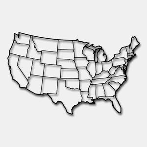 May include: A black metal wall art piece shaped as a map of the United States of America. The design features a continuous black outline of the country's border and the individual state boundaries, creating a hollow, minimalist wireframe structure.