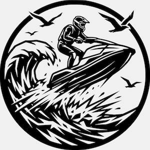 Puede incluir: Una ilustración gráfica circular en blanco y negro que muestra a una persona con casco montando una moto de agua sobre una gran ola. Se representan varias aves volando en el cielo alrededor de la moto de agua y el agua salpicada.