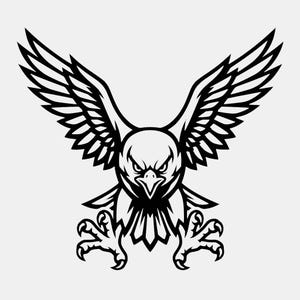 May include: A black and white graphic illustration of an eagle in flight with its wings spread wide and talons extended forward. The design features bold, clean lines and sharp details, capturing the bird in a downward, aggressive posture.