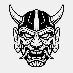 May include: A black and white graphic illustration of a horned warrior mask. The design features a stylised helmet with two prominent curved horns, a fierce facial expression with bared teeth, and sharp fangs extending from the mouth area.