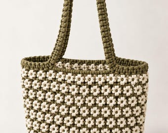 Handmade Crochet Flower Tote Bag, Olive Green Floral Market Bag, Boho Shopping Bag, Reusable Grocery Tote, Knitted Cotton Shoulder Bag