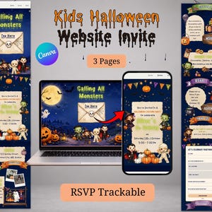 Puede incluir: Una plantilla de invitación digital de Halloween para niños que se muestra en una computadora portátil y un teléfono inteligente. El diseño incluye monstruos, calabazas y murciélagos de dibujos animados sobre un fondo azul con el texto Calling All Monsters.
