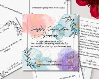 May include: A stack of printable cards titled "Couples Conversation Starters." The cards feature watercolor backgrounds in pink, blue, and purple with gold accents. The deck includes 50 questions for connection and intimacy.