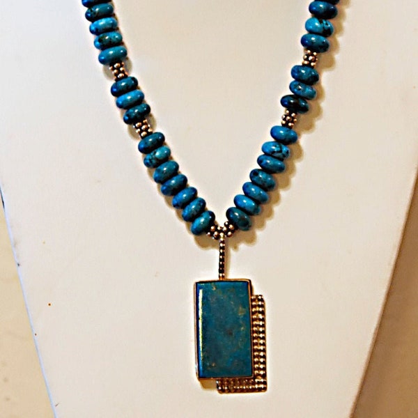 Contemporary Turquoise Statement Necklace with Sterling Silver Bali Beads and a Large Rectangle Turquoise Pendant