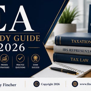 Op de afbeelding: Een donkerblauwe EA Study Guide 2026 boekomslag met de tekst "EA STUDY GUIDE 2026" door Jay Fincher. Het ontwerp bevat iconen voor uitgebreide inhoud, bewezen strategieën, oefenvragen en examensucces, inclusief copyright 2026 vermelding.