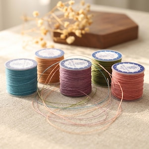Könnte beinhalten: Fünf zylindrische Spulen mit gewachstem Garn in Blau, Orange, Violett, Grün und Pink. Jede Spule hat oben ein weißes, rundes Etikett mit blauem Text und einer Spulengrafik. Dünne Fäden erstrecken sich von den Spulen auf die Oberfläche.