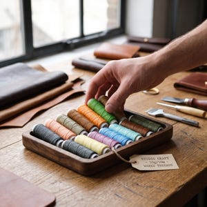 Può includere: Un vassoio rettangolare in legno contenente dodici rocchetti di filo cerato in vari colori, tra cui verde, arancione, blu, giallo, rosa e grigio. Un'etichetta di carta attaccata al vassoio riporta: STUDIO CRAFT - 50g/50m - WAXED THREADS.