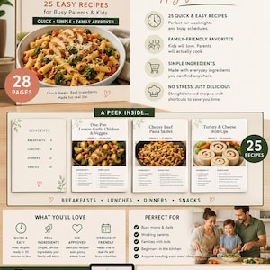 May include: A digital cookbook titled Weeknight Wins by The Busy Family Pantry, featuring 25 recipes across 28 pages. The document includes sections for breakfasts, lunches, dinners, and snacks, with sample pages showing pasta and roll-up dishes.