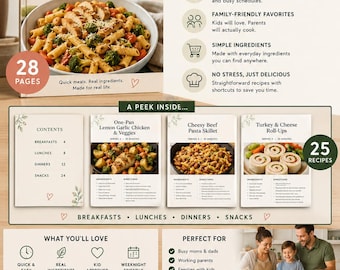 Libro de cocina con 25 recetas fáciles para entre semana / Guía de planificación de comidas familiares en PDF (descarga digital)