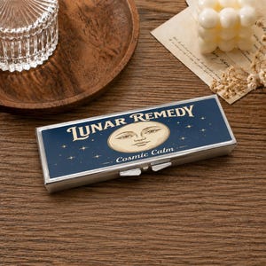 May include: A rectangular silver metal case featuring a dark blue lid with a cream-colored moon face illustration, gold stars, and the text LUNAR REMEDY and Cosmic Calm printed in a decorative font on the front surface of the closed container.