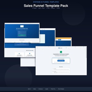Pode incluir: Um pacote de modelos de funil de vendas Systeme.io com vários layouts de páginas web, incluindo páginas de opt-in, vendas, checkout, upsell e agradecimento, com um esquema de cores azul e branco e botões de ação claros.