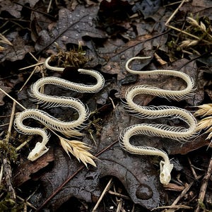 Peut inclure: Deux squelettes de serpent blanc cassé disposés en un motif sinueux. Chaque squelette présente un crâne distinct et une longue colonne vertébrale segmentée avec des côtes fines et délicates s'étendant sur toute la longueur du corps.