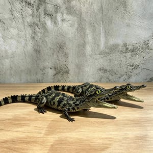 Könnte beinhalten: Zwei realistische Krokodilfiguren mit texturierten grünen und schwarzen Schuppen, scharfen Zähnen und leuchtend gelben Augen. Beide Figuren sind mit weit geöffneten Mäulern dargestellt, die detaillierte Schnauzen und lange Schwänze zeigen.