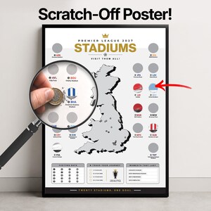 May include: A Premier League 2027 Stadiums scratch-off poster featuring a map of the United Kingdom, a list of stadiums, and circular silver scratch-off panels. The poster includes the text "Scratch-Off Poster!", "STADIUMS", and "VISIT THEM ALL!".
