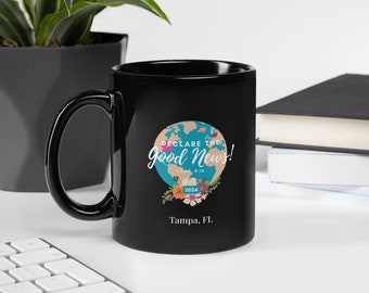 Declare the Good News Globe Black Glossy Mug