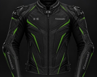 Men’s Kawasaki Racing Motorcycle Jacket, Black & Neon Green, Armored Sport Biker Leather Jacket