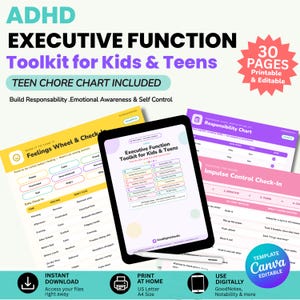ADHD Executive Function Toolkit | Teen Chore Chart & Feelings Wheel | Kids Behavior Printable + Editable Canva