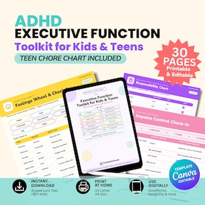 Outils pour les fonctions exécutives du TDAH | Tableau des tâches et roue des émotions pour adolescents | Fiches imprimables et modifiables sur le comportement des enfants (Canva)