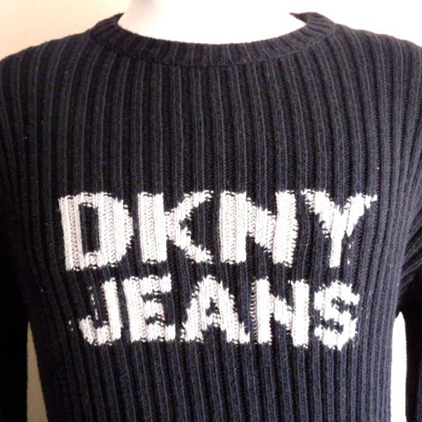 vintage 90's Donna Karan New York DKNY Jeans black rib knit grey spellout logo graphic sweater unisex crew neck pullover jumper designer