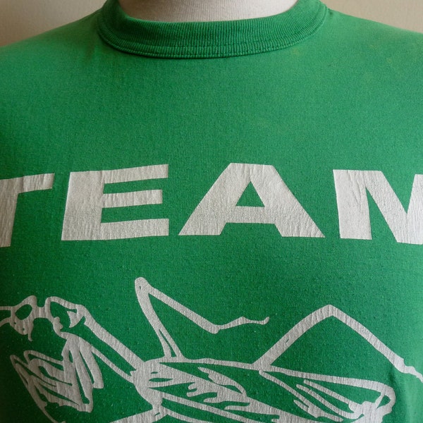 vintage 80's Team Mantis green men's unisex t-shirt, praying mantis insect illustration in front and back, vintage plains graphic novelty te
