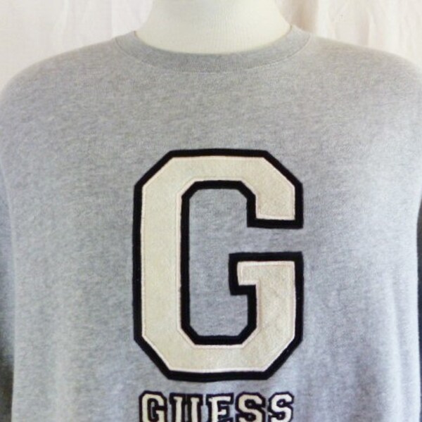 vintage 90's Guess Jeans heather grey fleece graphic sweatshirt black white embroidered applique felt logo crewneck pullover jumper large