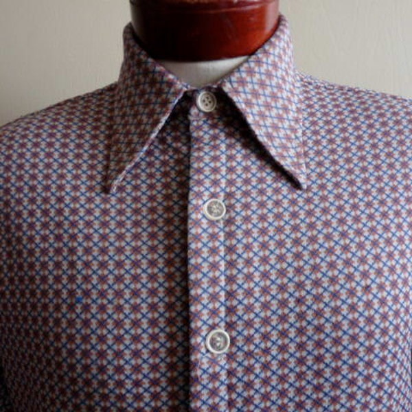 vintage 60's Ferranti California argyle pattern knit high collar long sleeve shirt, blue grey brick red, men women unisex, size medium