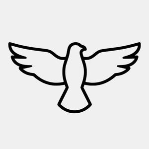 May include: A black and white graphic illustration of a bird in flight with wings fully extended. The design features a bold, thick black outline forming the silhouette of the bird against a plain, light-colored background, showing a symmetrical shape.