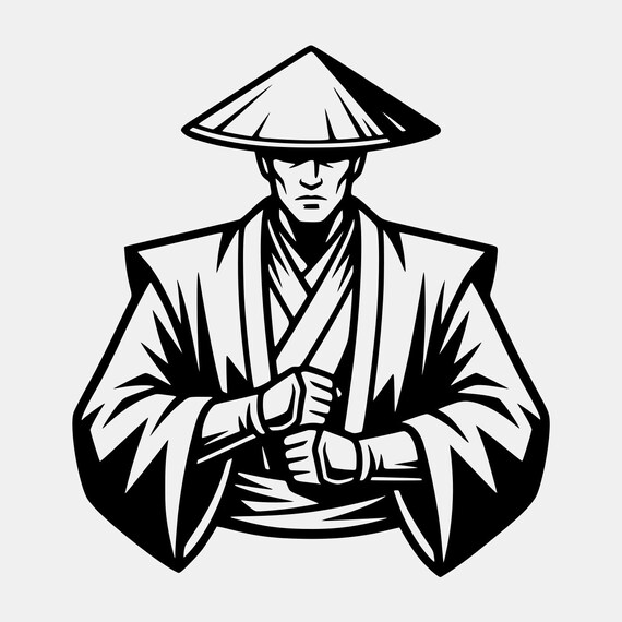 Samurai Warrior in Contemplation - Black and White Illustration