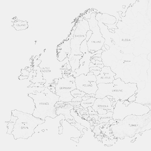 Europas topografiska konturkarta SVG: Minimalistisk linjekonstposter (digital nedladdning)