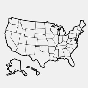 May include: A black and white line drawing of the United States map, featuring the contiguous states, Alaska, and Hawaii. The map displays clear, bold outlines for each state border, providing a simple, clean, and high-contrast visual representation.