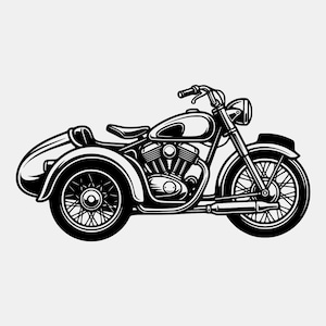 May include: A black and white graphic illustration of a motorcycle with a sidecar. The vehicle features a prominent fuel tank, a single seat, a round headlight, spoked wheels, and a detailed engine block, presented in a clean, high-contrast style.